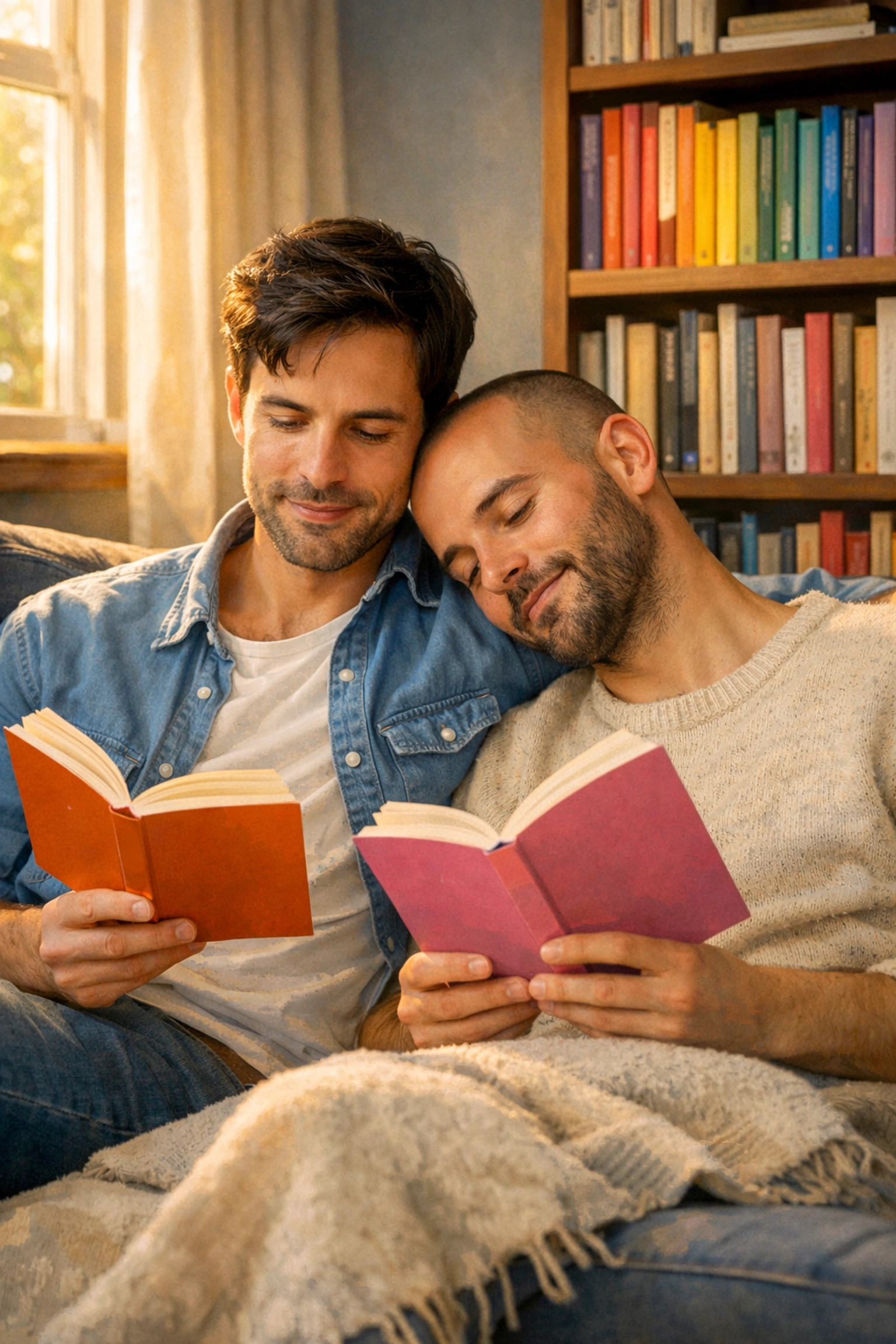 Gay couple reading LGBTQ+ romance books together on couch with rainbow bookshelf
