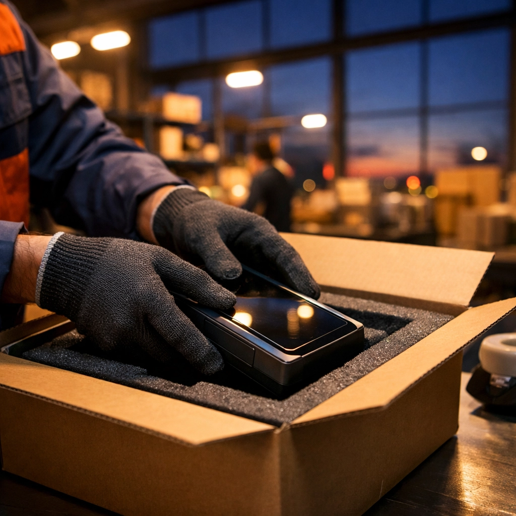 Worker packing premium products for late-night ecommerce fulfillment solutions and secure warehousing.