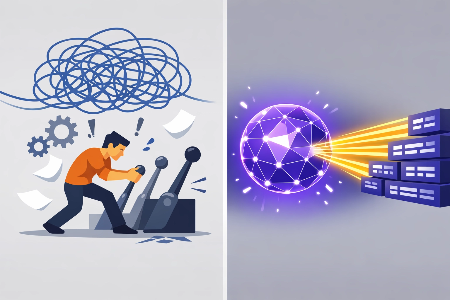 AI programmatic vs manual campaign optimization showing efficient data processing and automated precision.