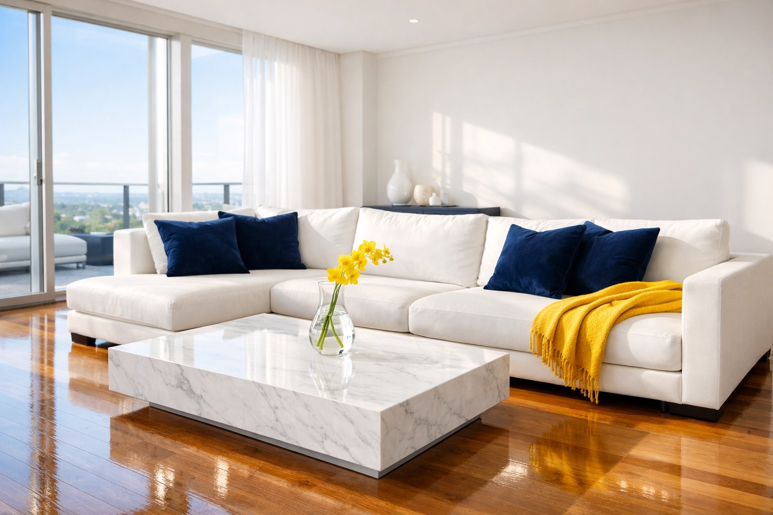 A minimalist, sun-drenched living room showing the mental clarity and calm provided by professional house cleaning.