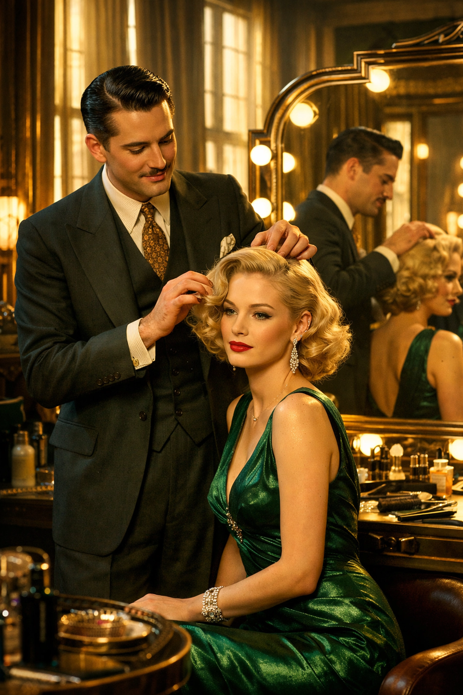 Gay hairstylist styling Hollywood actress in 1930s MGM studio dressing room