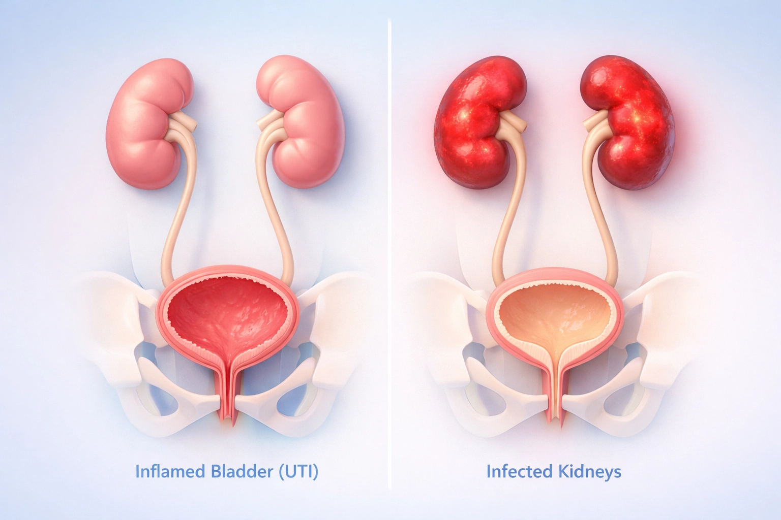 Medical illustration comparing UTI bladder infection to kidney infection