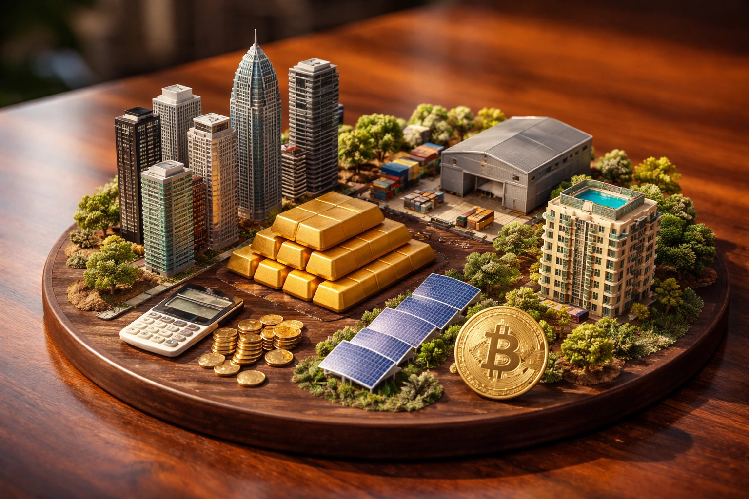 Miniature landscape depicting equities, bonds, real estate, and Bitcoin to illustrate diversified investment