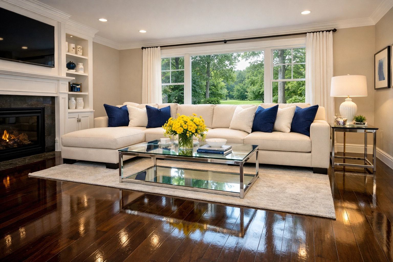 A spotless Townsend MA living room with gleaming hardwood floors after a professional house cleaning service.