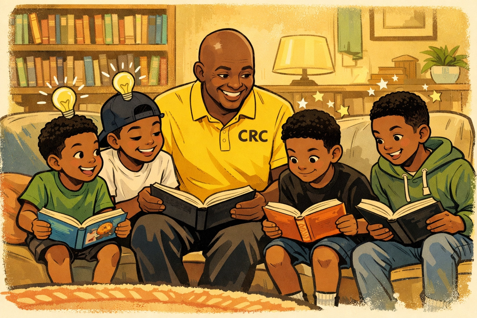 Professor Antonio mentoring young Black boys reading books together building literacy skills