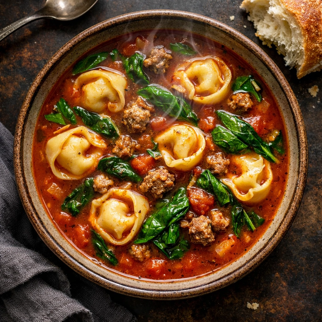 Savory 5-ingredient sausage and tortellini soup with fresh spinach and crusty bread.