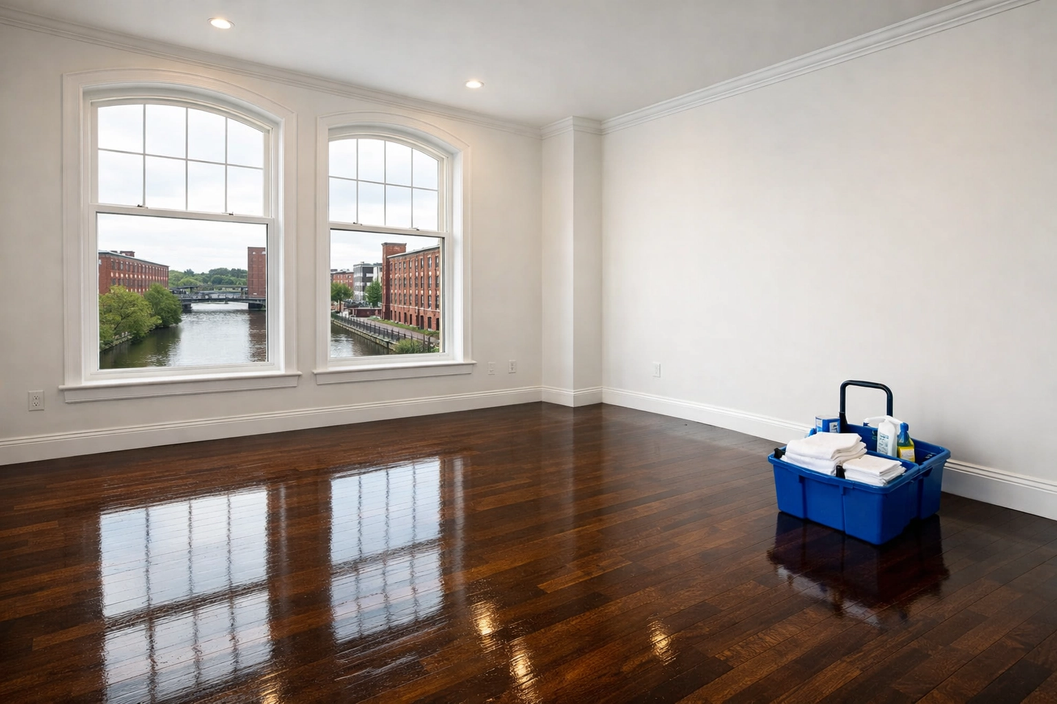 Clean hardwood floors in a Lowell apartment ready for move-in after house cleaning Lowell MA.