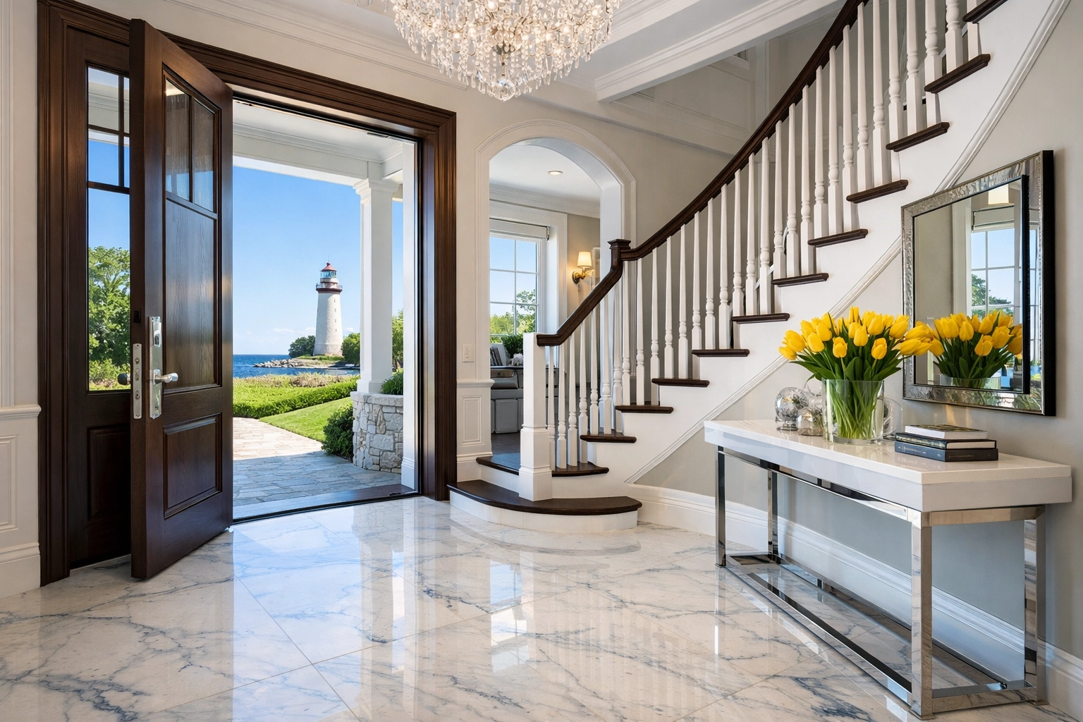 Sanitized luxury home foyer in Marblehead with marble floors and professional house cleaning attention.