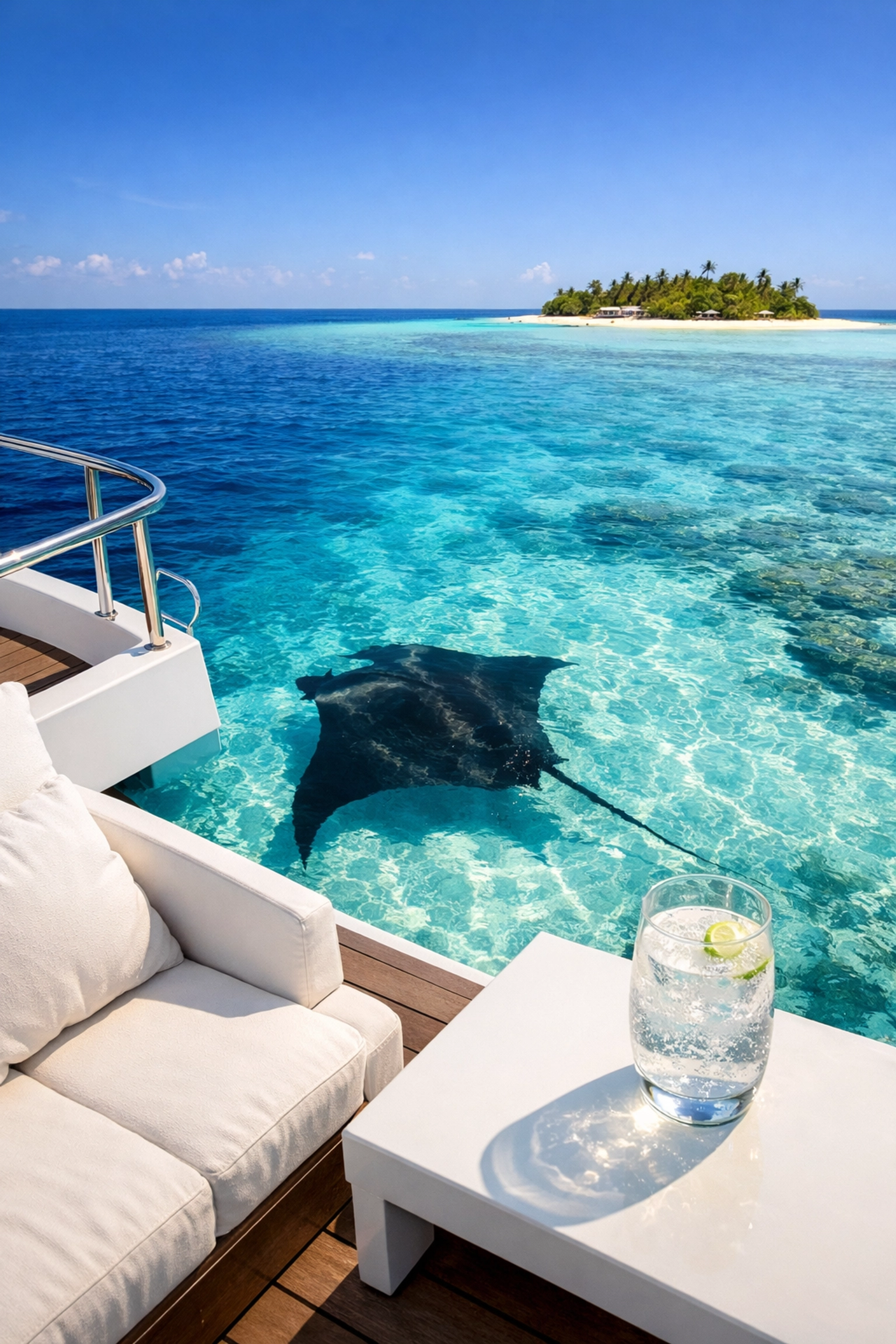 Luxury liveaboard deck in the Maldives overlooking a manta ray swimming in crystal clear ocean water.