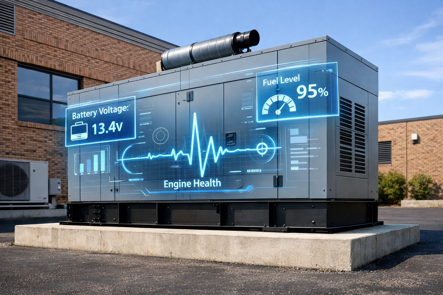 Commercial standby generator displaying real-time digital health and fuel metrics.