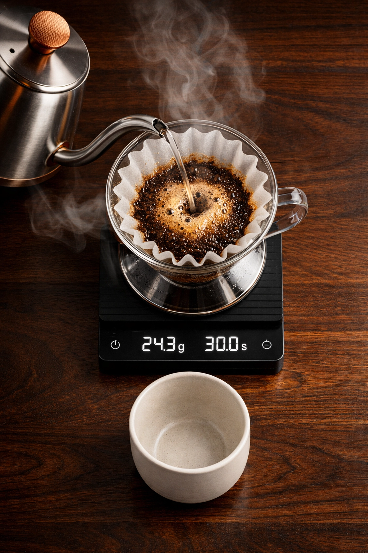 Precise coffee brewing setup with pour-over dripper, scale, and gooseneck kettle for optimal extraction