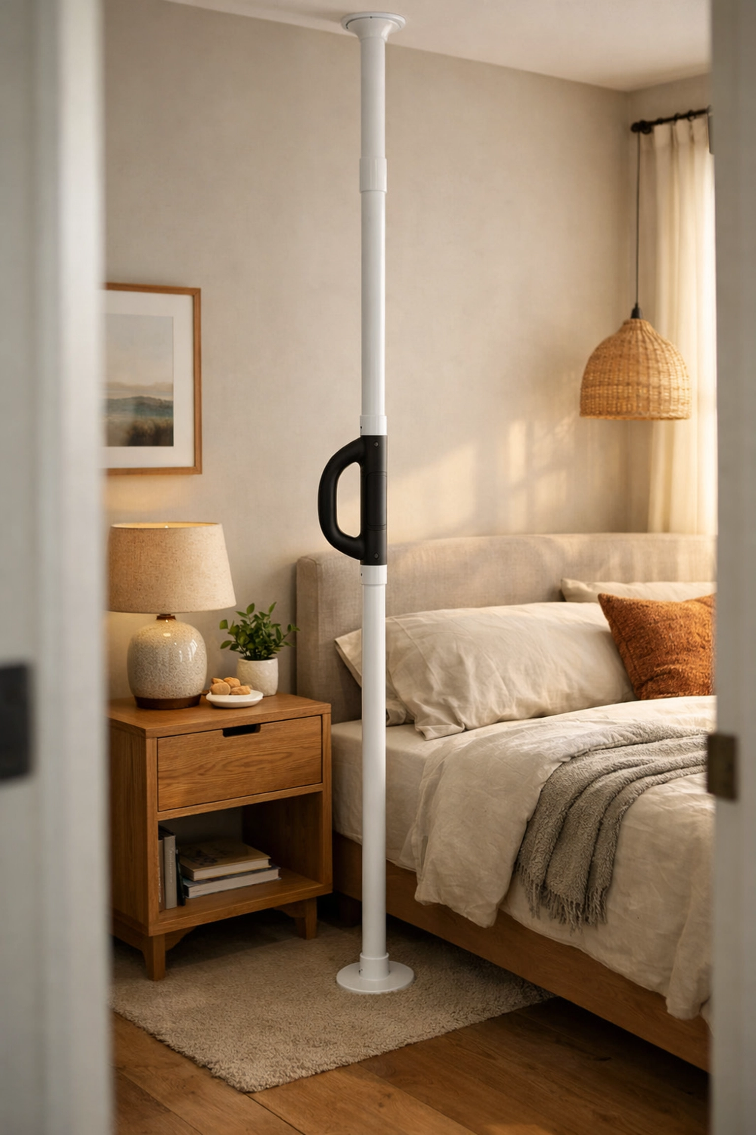 White transfer pole safety rail installed next to a bed to assist with standing in a bedroom.