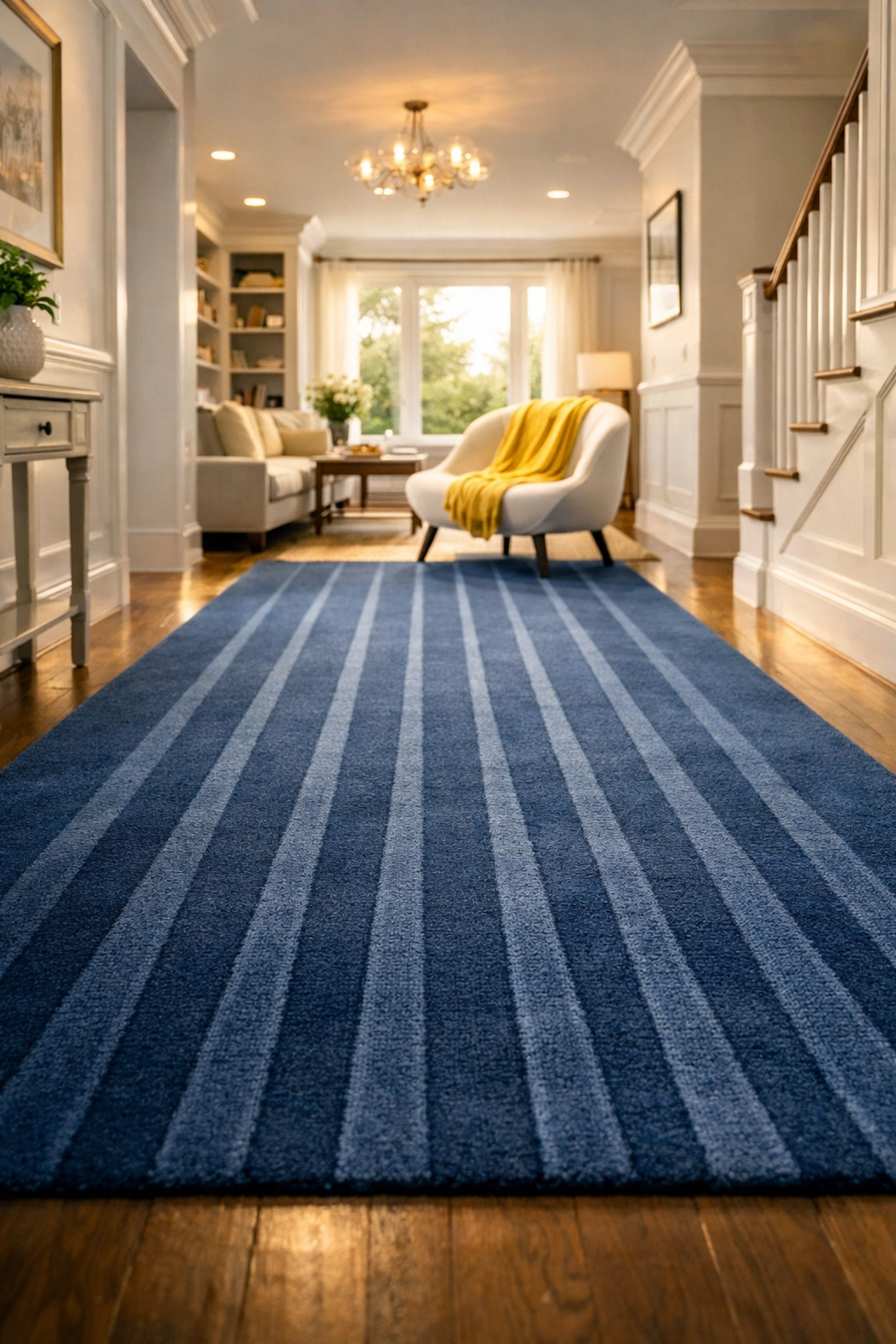 Perfect vacuum lines on a navy rug after a professional house cleaning Wayland MA visit.
