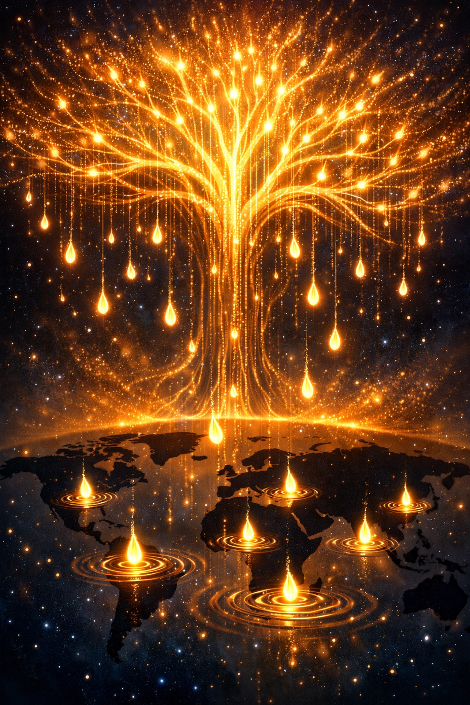 A glowing digital tree spreading light across a world map representing global charity impact.