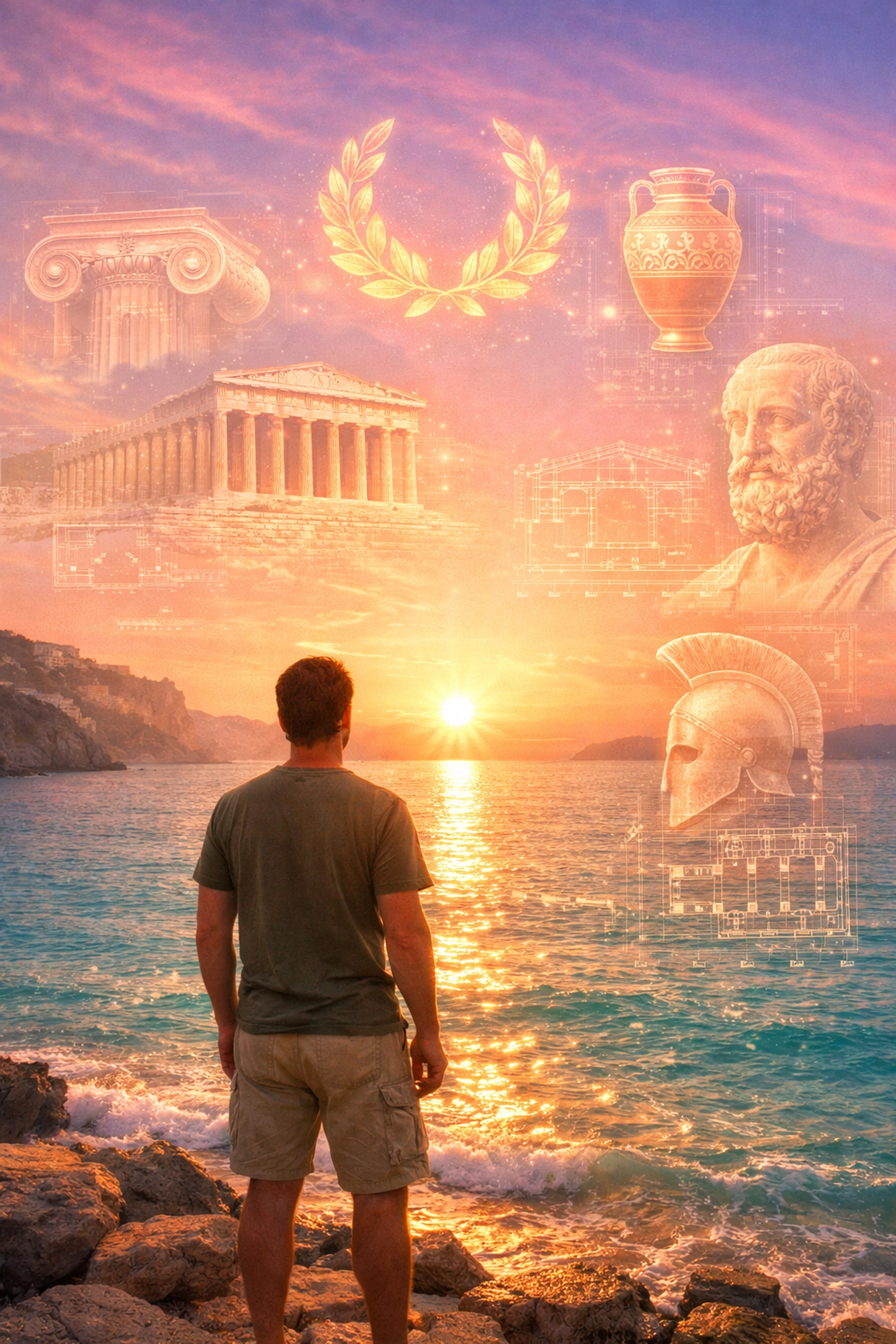 Historical artifacts and architectural blueprints overlaid on a Mediterranean landscape, showing firm faith.