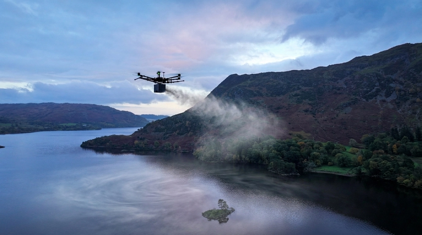 A drone scattering ashes over a tranquil lake at dusk