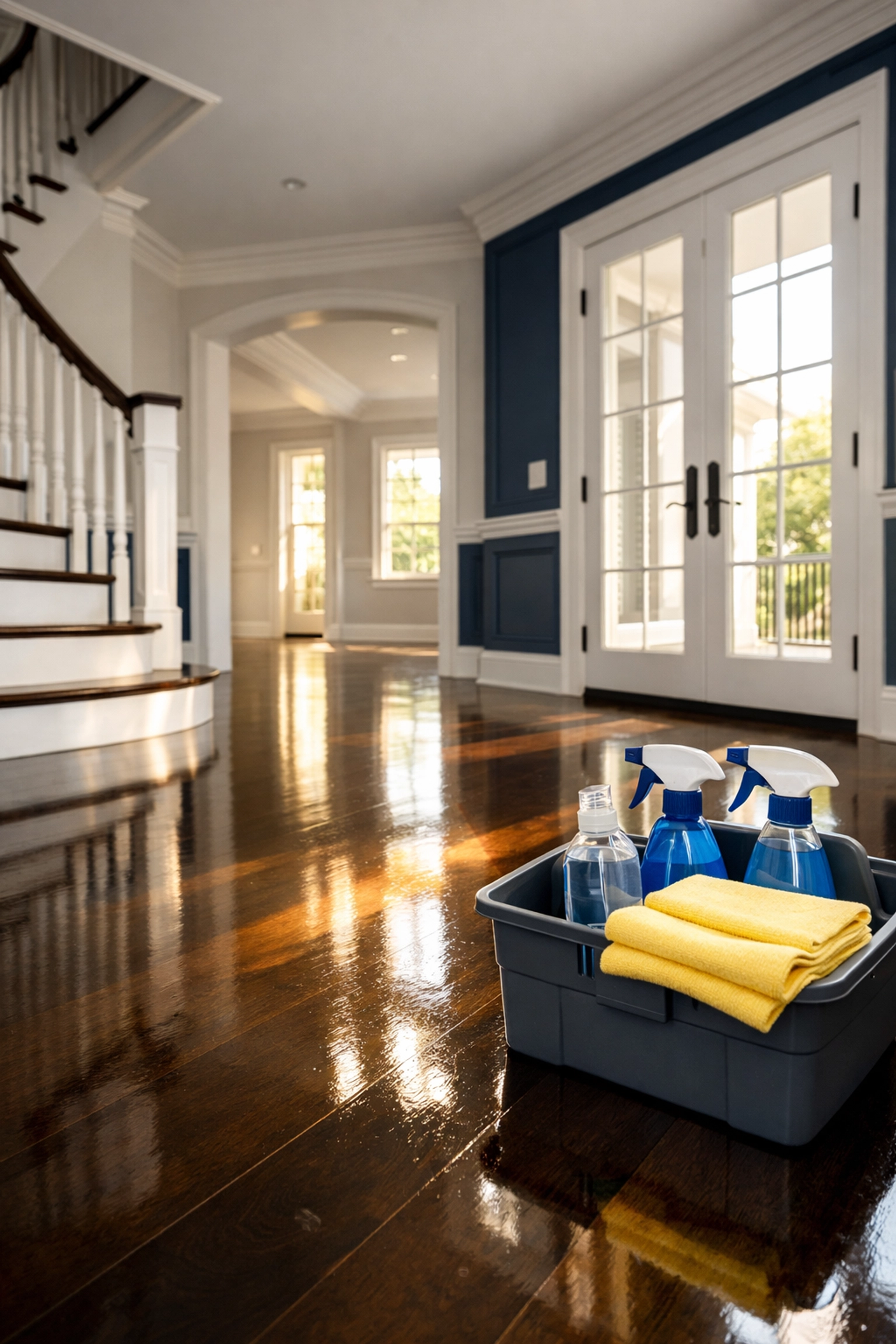 Move-in cleaning services near me in Natick featuring polished hardwood floors and professional supplies.