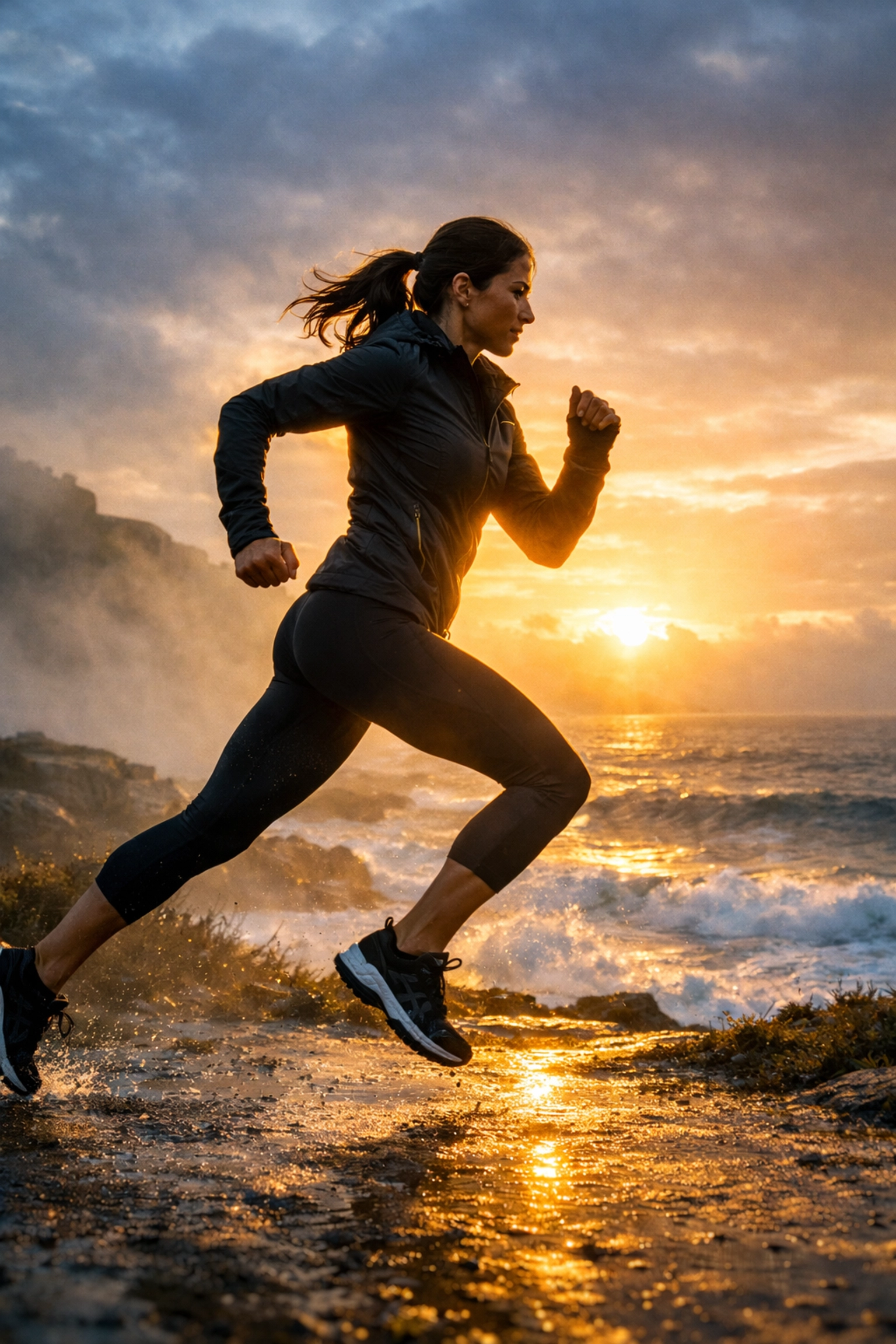Active woman jogging at sunrise to improve metabolic health and reduce breast cancer risk.