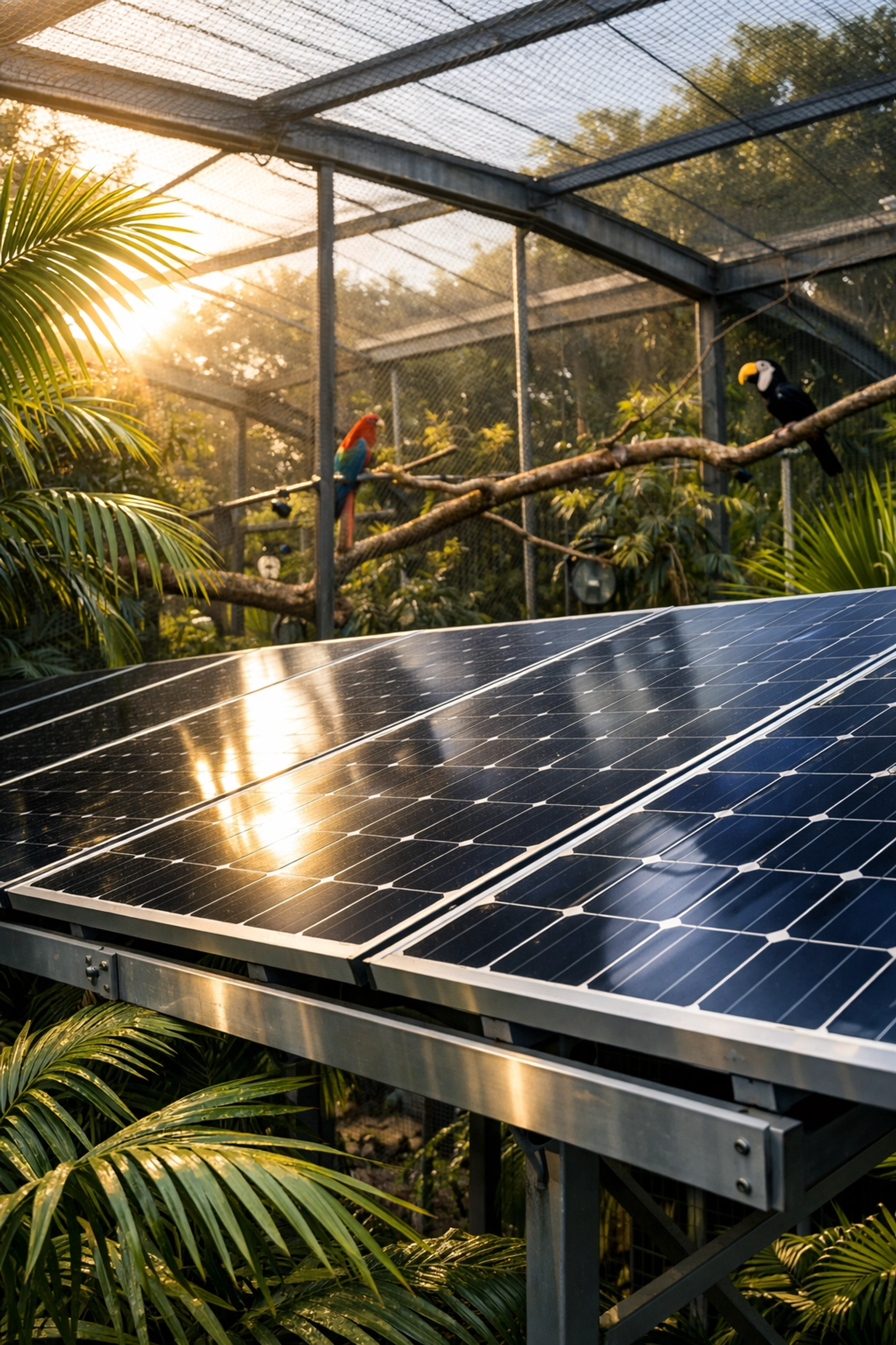 Solar panels installed at a tropical bird aviary showing zoo sustainability practices in action.