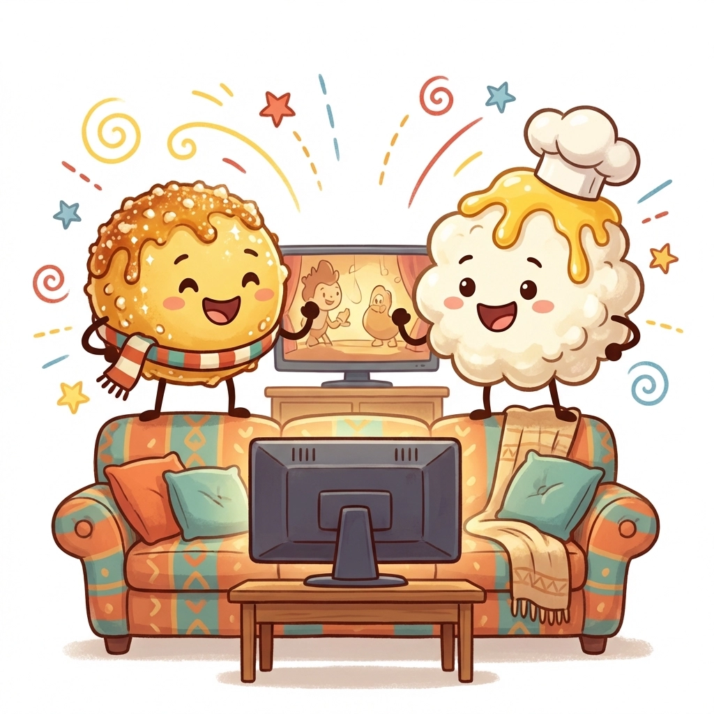 Cartoon kettle corn and movie popcorn characters face off on a couch, highlighting the sweet vs savoury popcorn debate for movie night snacks.