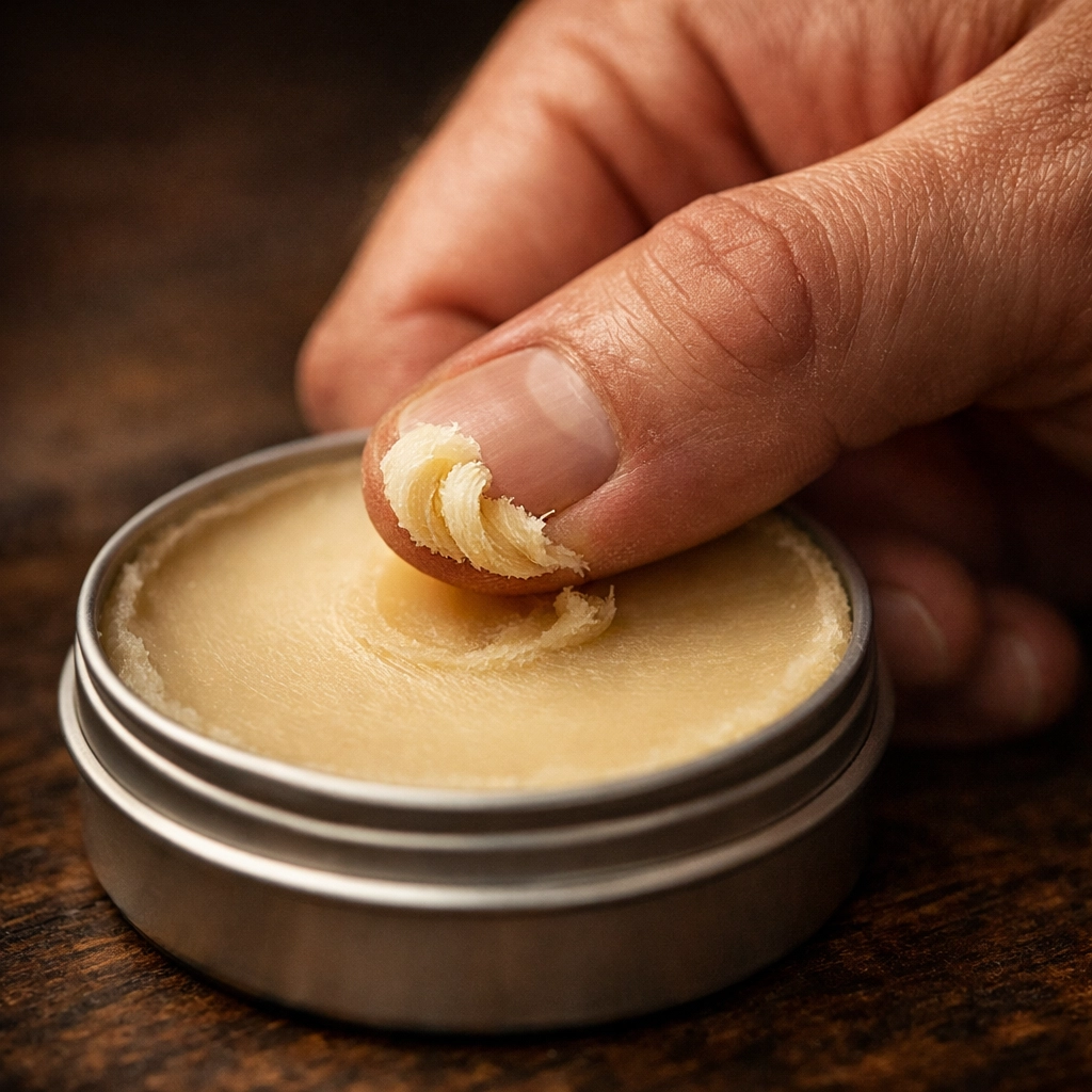 Scraping a small amount of firm, premium beard wax from a tin for a professional application.