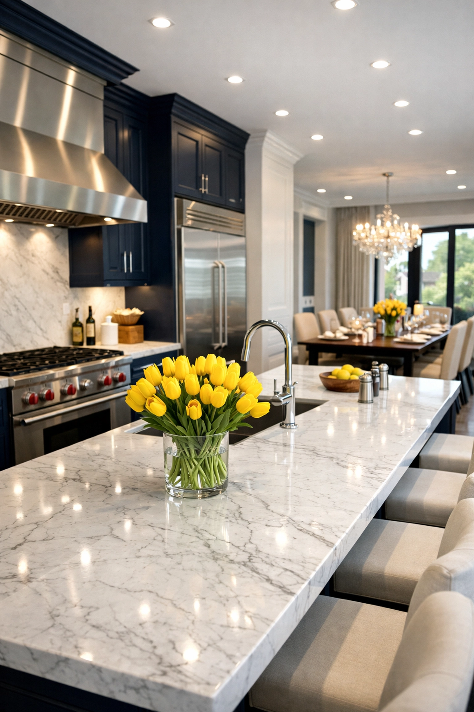 Spotless gourmet kitchen with marble countertops following a professional weekly house cleaning.