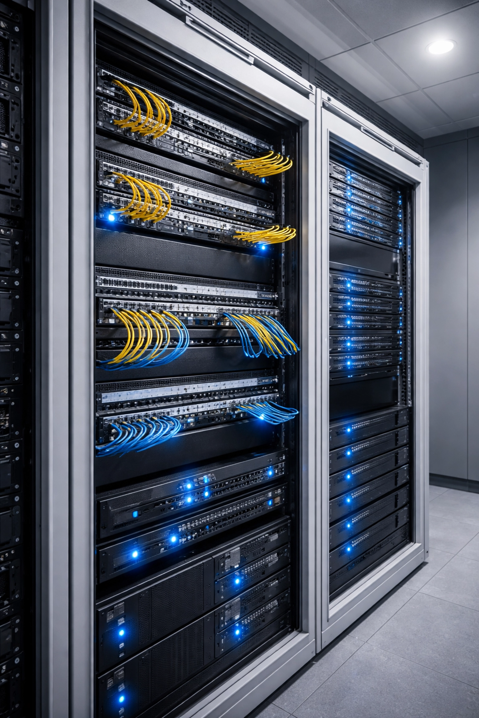 Apartment server room with organized fiber optic cables, representing secure, advanced digital infrastructure for MDUs