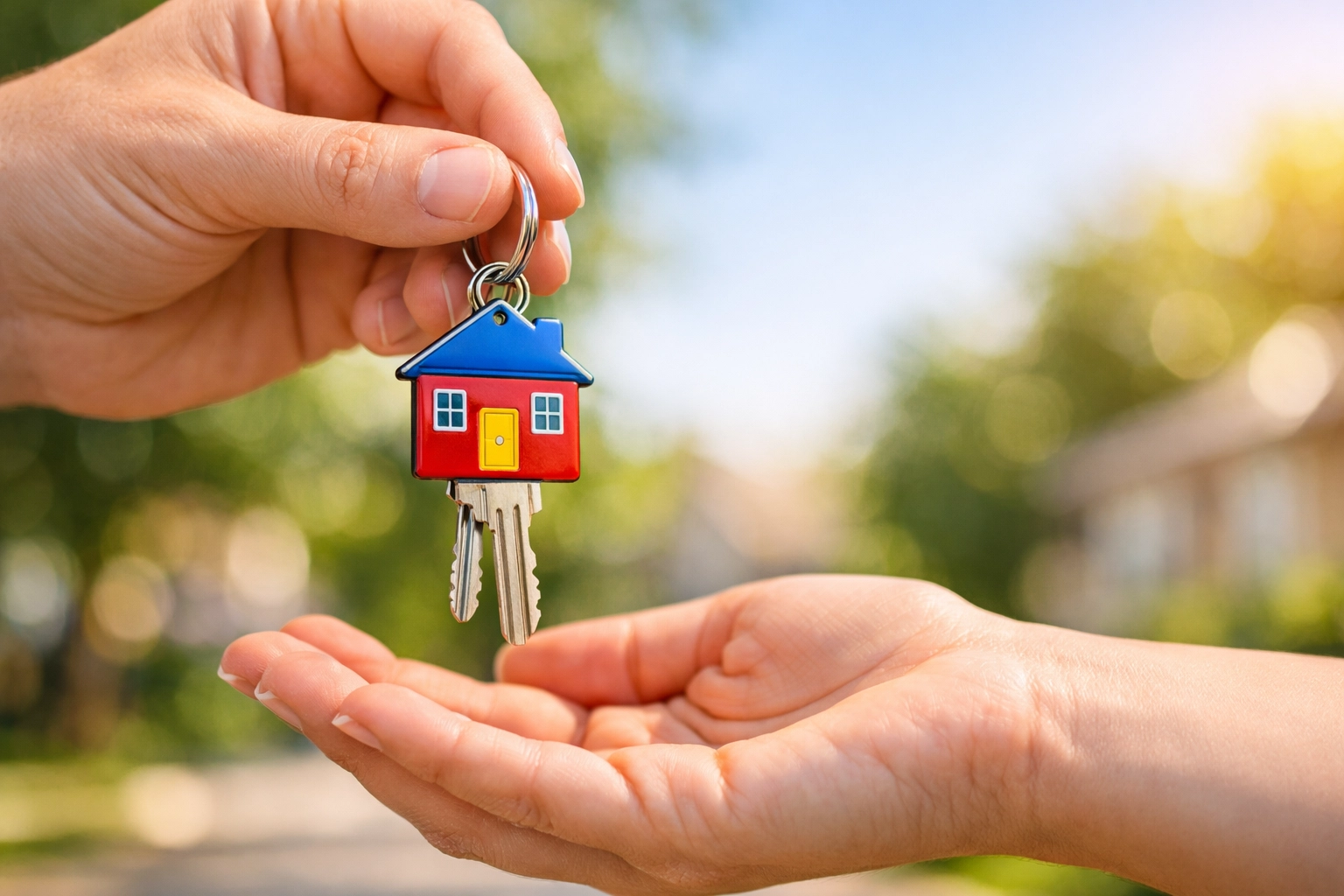 Hands passing house keys with a house-shaped keychain, symbolizing new affordable home ownership.