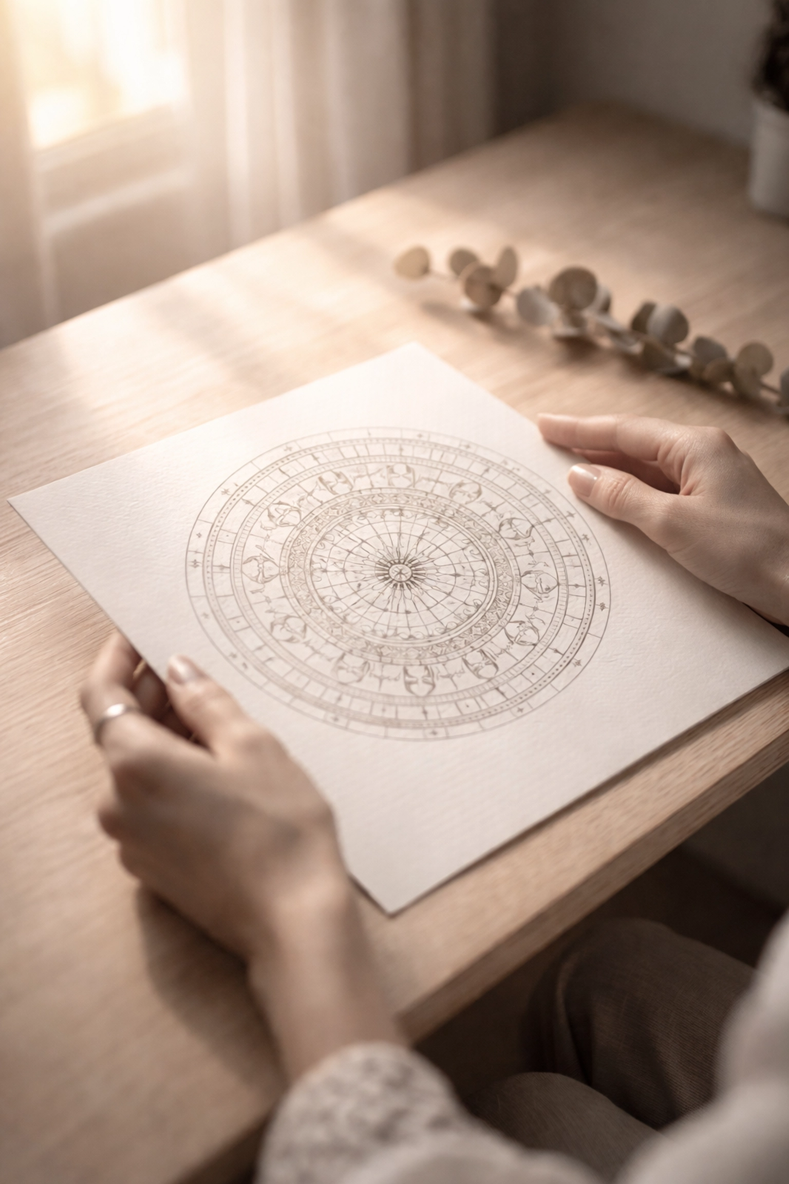 Mains féminines posant un diagramme mandala sur un bureau minimaliste, illustrant la carte énergétique en Human Design