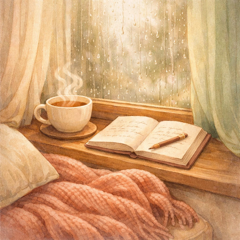 Cozy journal and tea creating peaceful space for creative flow and self-trust