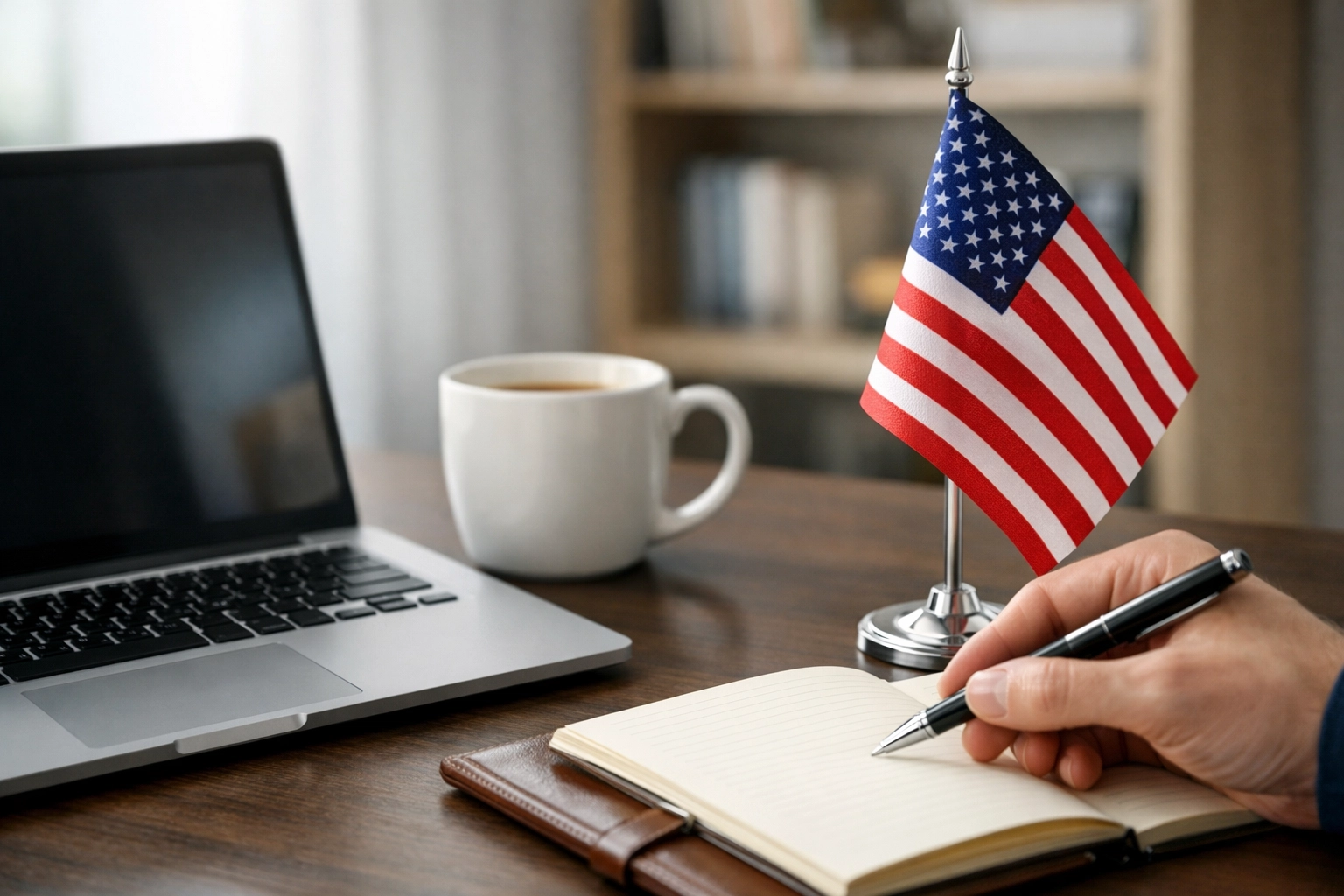 A person taking notes on patriotic news and civic duty at a desk with an American flag.