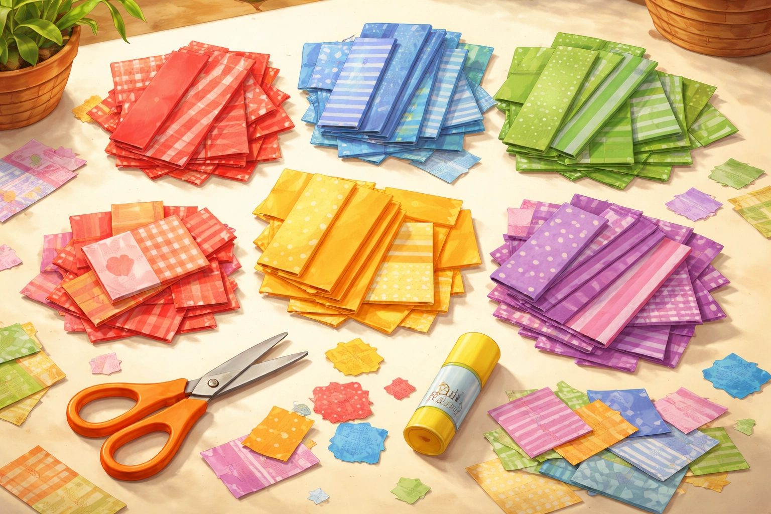 Colorful strips and squares of junk mail paper sorted by color on a craft table with scissors for collage making.