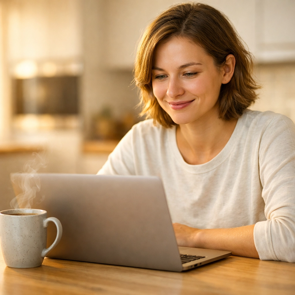 A person smiling while successfully applying for a no credit check loan canada on a laptop at home.