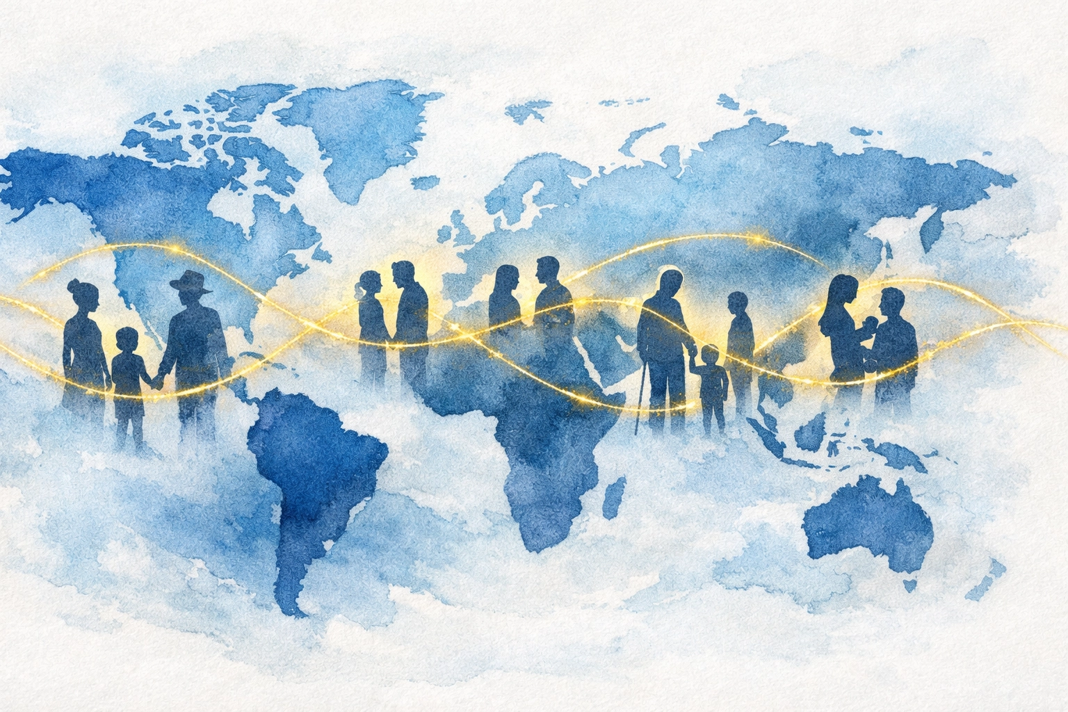 Ethereal world map with golden light connecting a global virtual church community of believers.