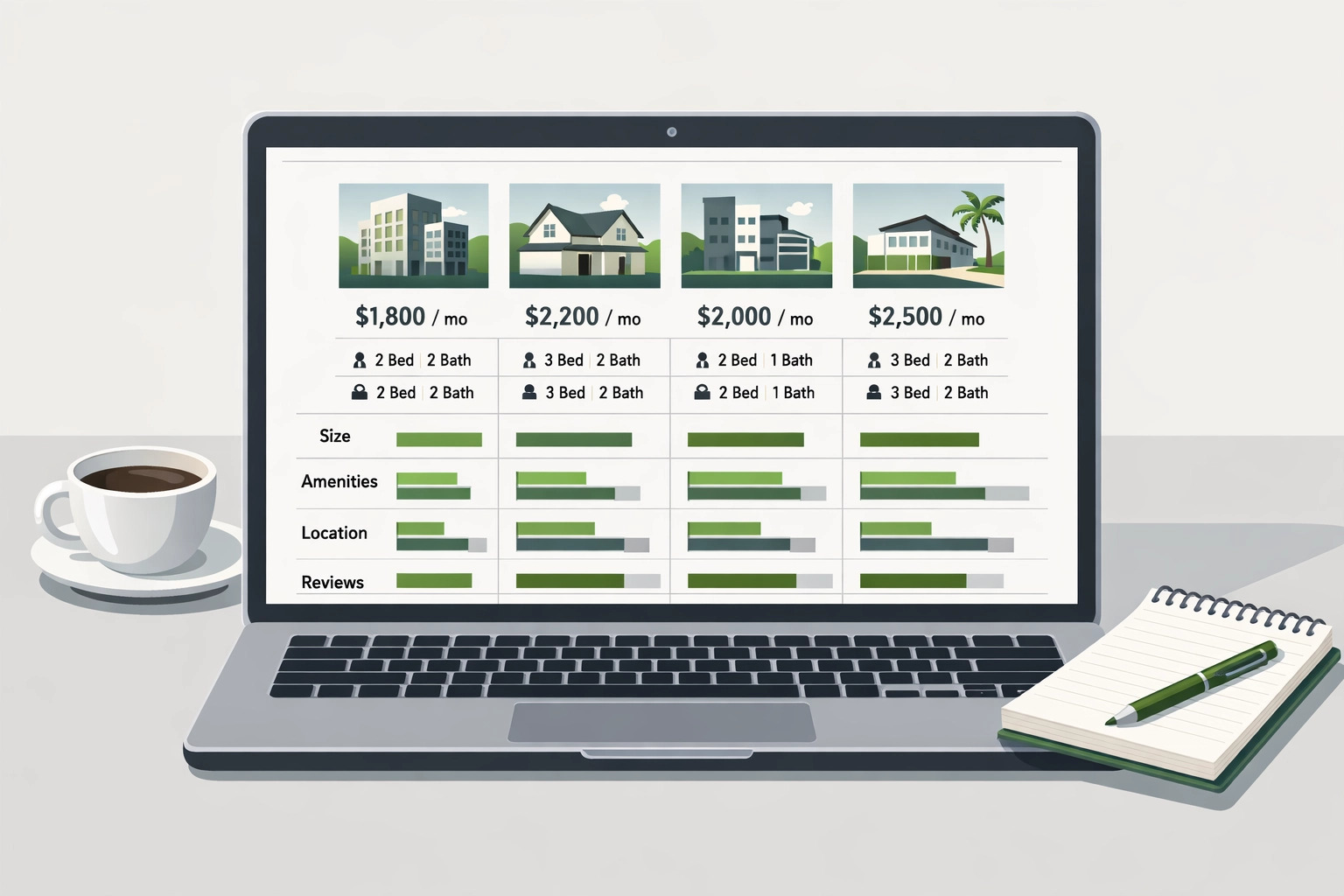 Rental property comparison analysis on laptop for Phoenix market pricing strategy