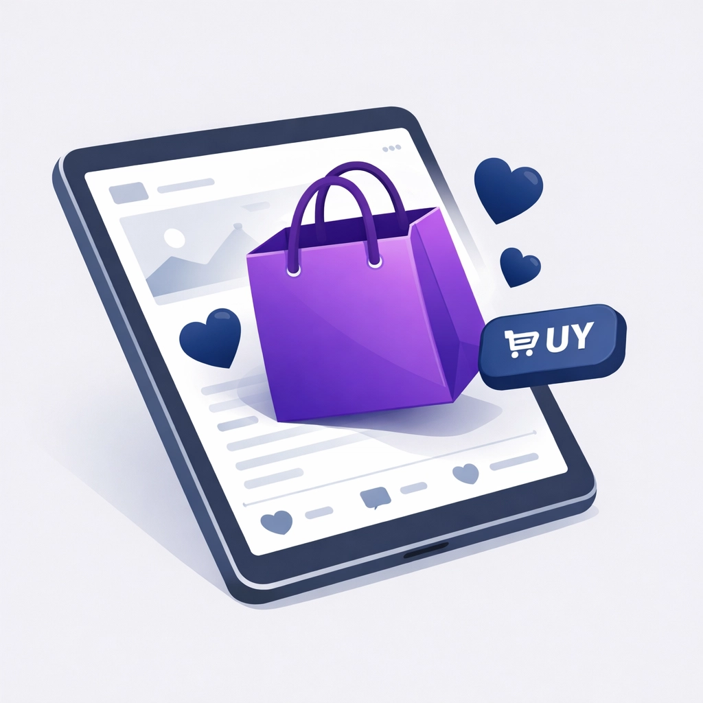 Tablet displaying a social commerce feed and shopping bag to illustrate seamless mobile checkout.
