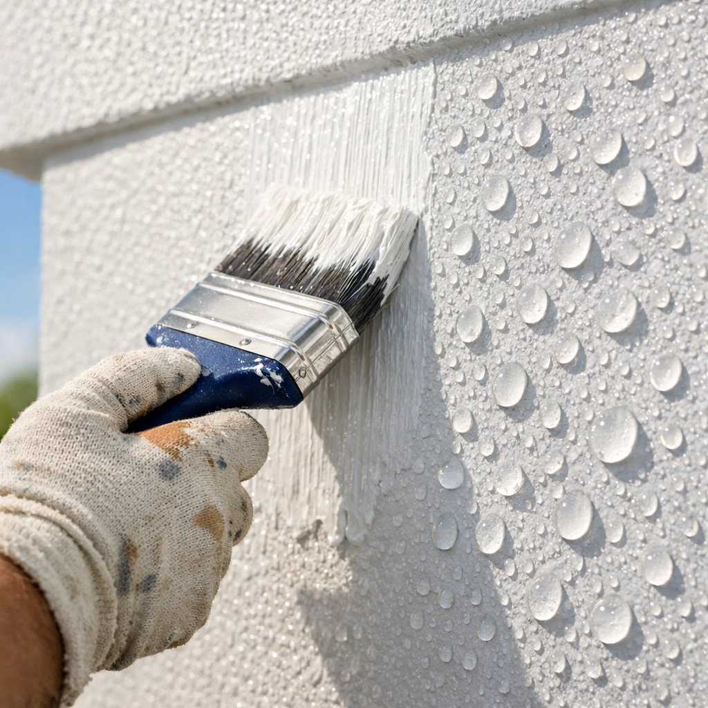 Professional painter applying protective weather-resistant paint to exterior wall