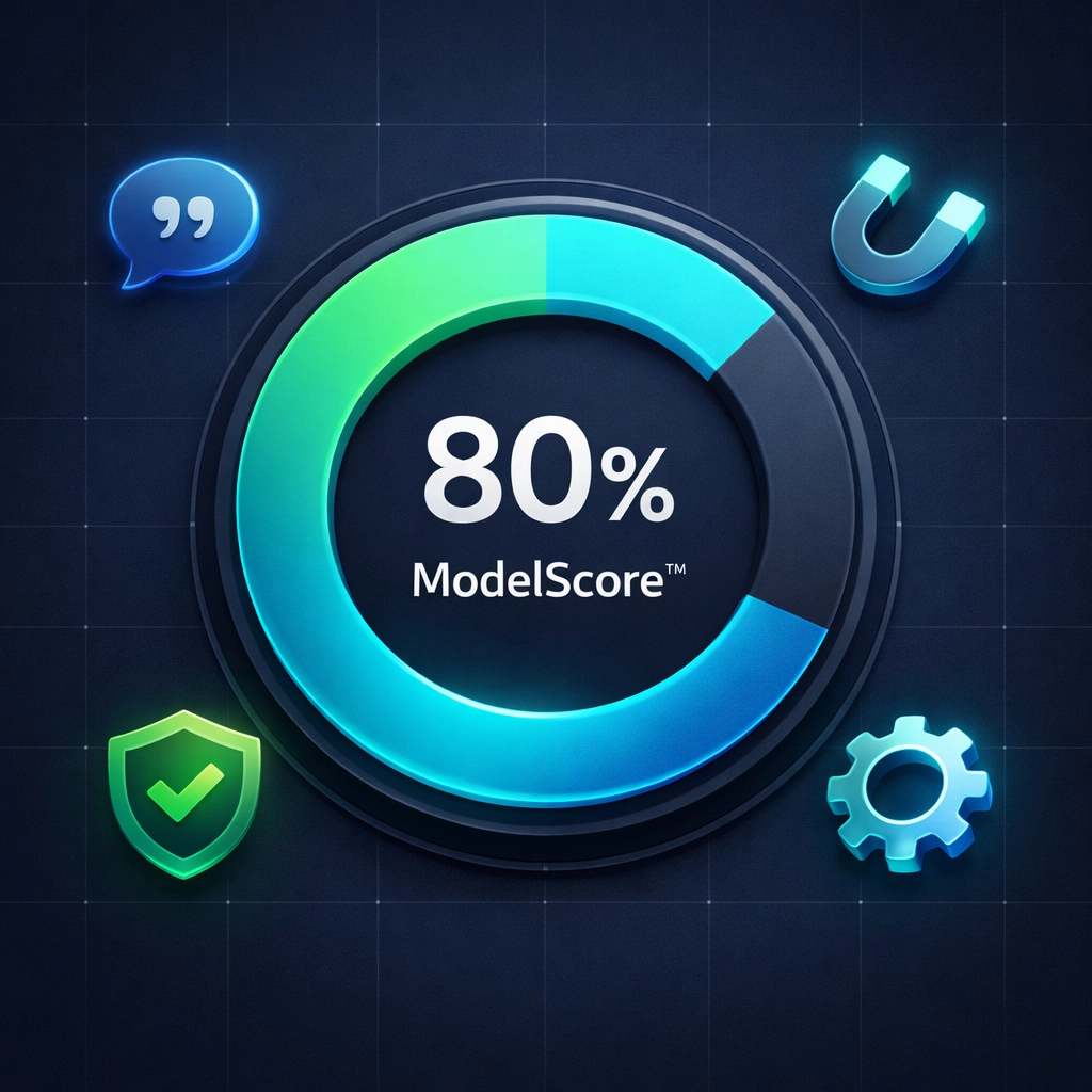 Dashboard gauge showing a high ModelScore metric for brand authority and AI search optimization.