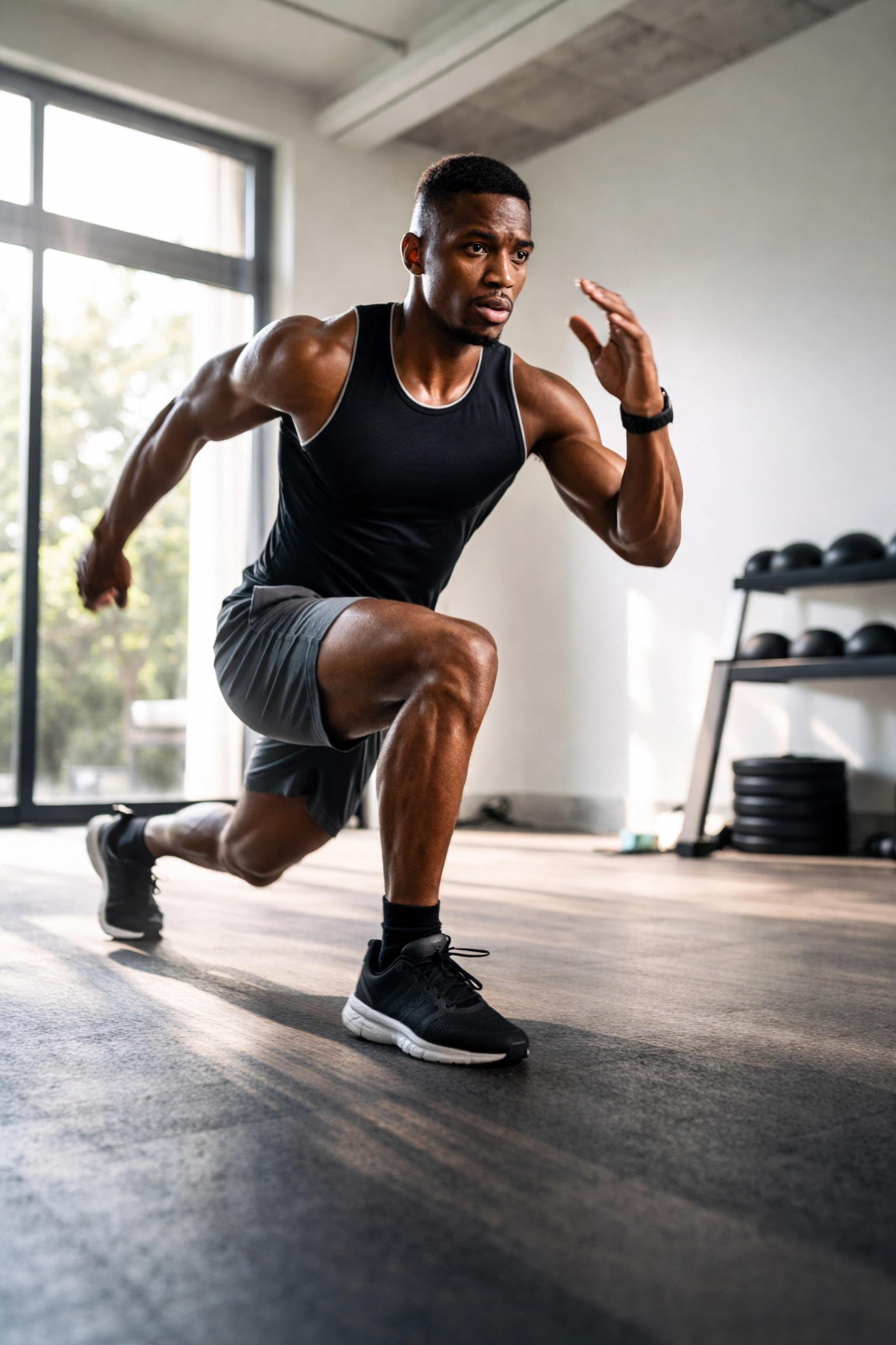 Athlete performing explosive plyometric lunge in a modern home gym, demonstrating intense bodyweight training