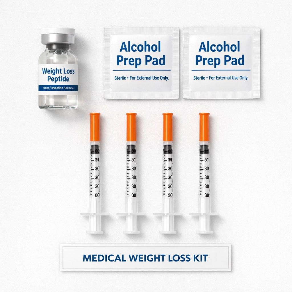 Organized medical weight loss kit with tirzepatide vial and syringes, showing transparent treatment supplies.