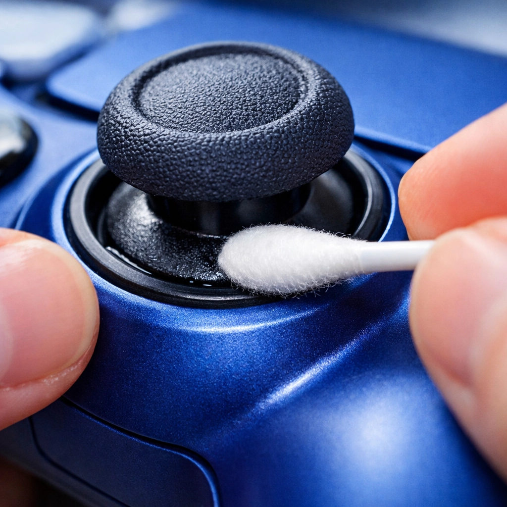 Cleaning a game controller joystick with a cotton swab to remove dirt and sanitize the device.