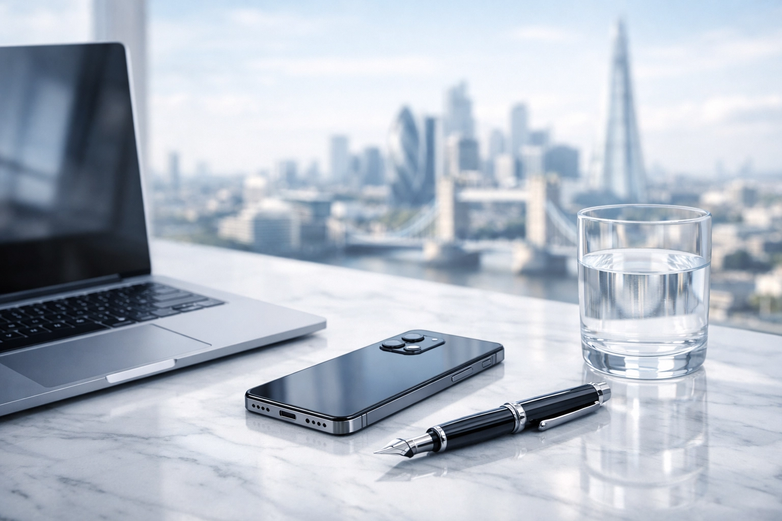 A modern workspace with a view of the city for digital property valuations and online auction bidding.