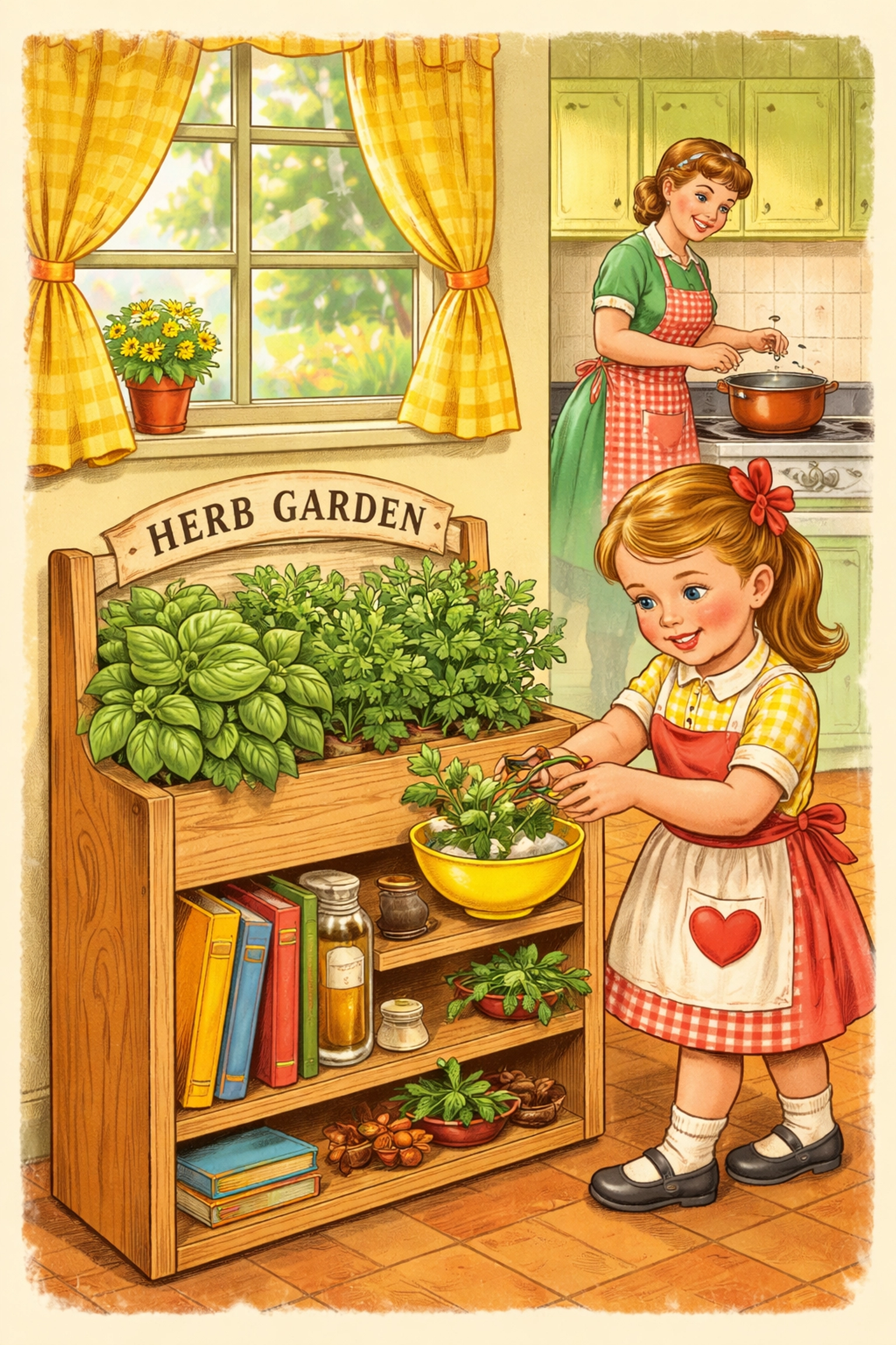 A finished indoor bookshelf herb garden with a child harvesting fresh herbs and a parent cooking in a cheerful kitchen.