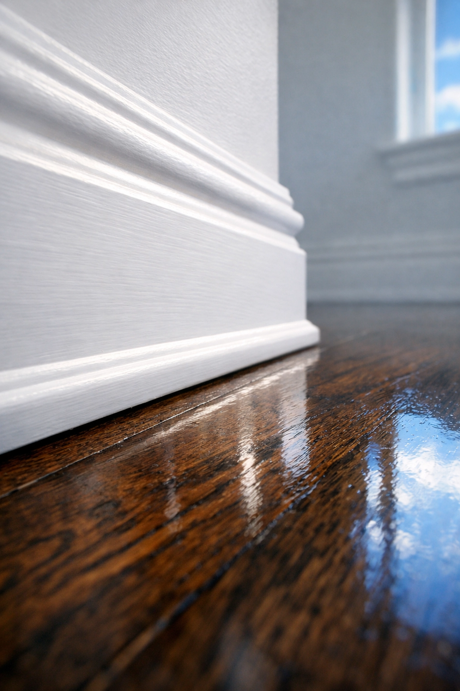 Close-up of dust-free baseboards and oak floors, showing professional Boston apartment move-out cleaning quality.