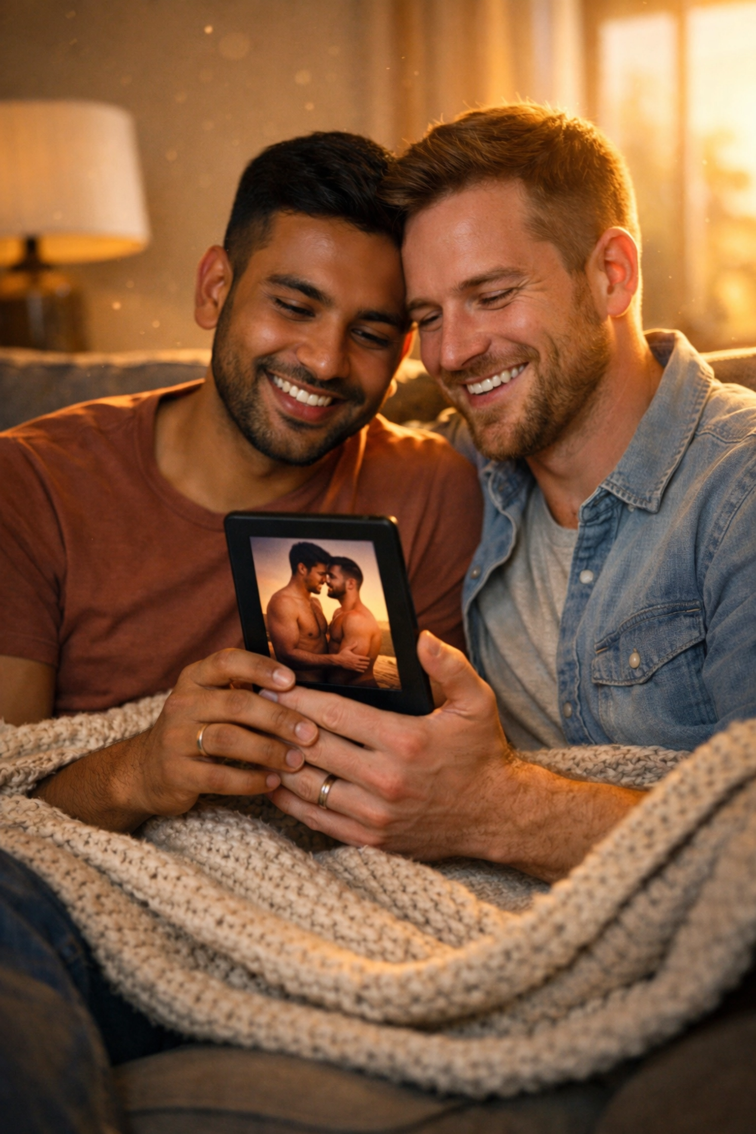 A diverse gay couple enjoying a professionally formatted gay romance book on an e-reader at home.