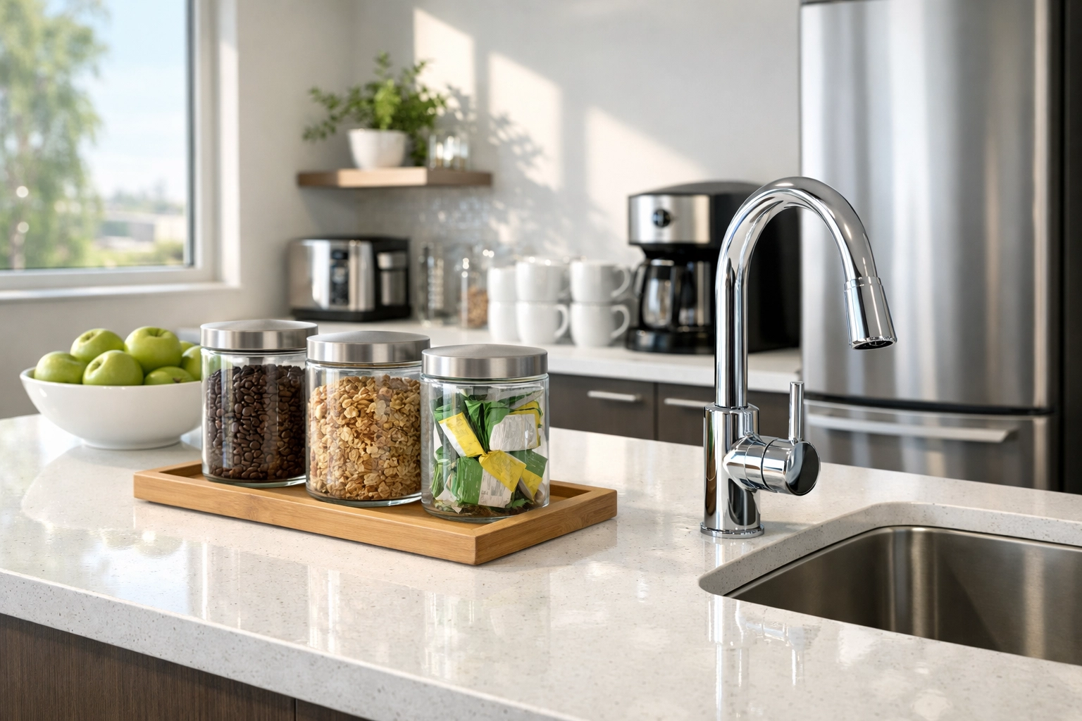 Bright and clean office breakroom with pristine quartz countertops and modern fixtures.