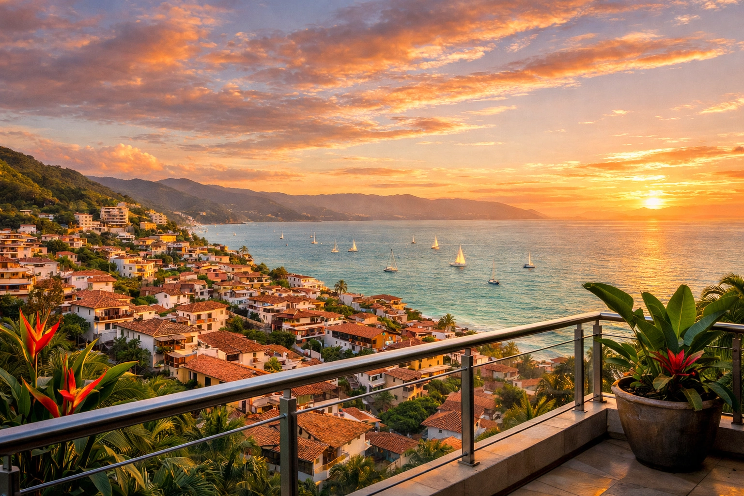 Sunset view from Amapas balcony overlooking Puerto Vallarta and Banderas Bay