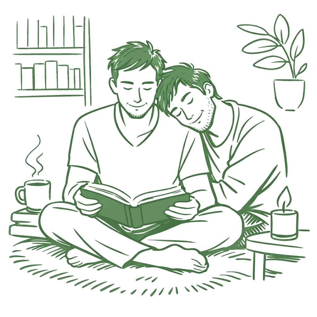 A couple reading a book together, showcasing the safety and joy explored by MM authors in queer stories.