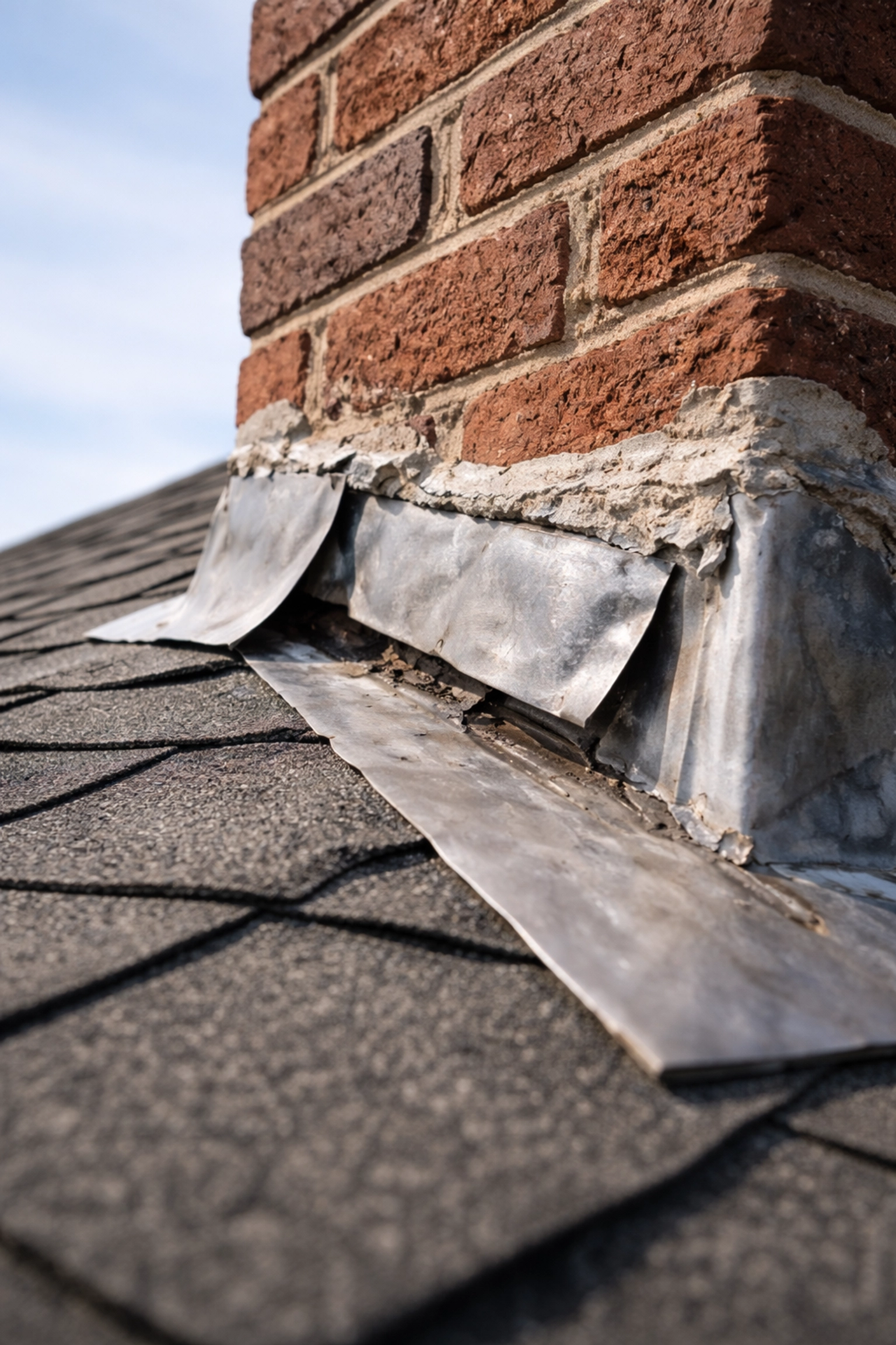 Close-up of failed roof flashing installation around a Belfast chimney showing gaps and damaged sealant.