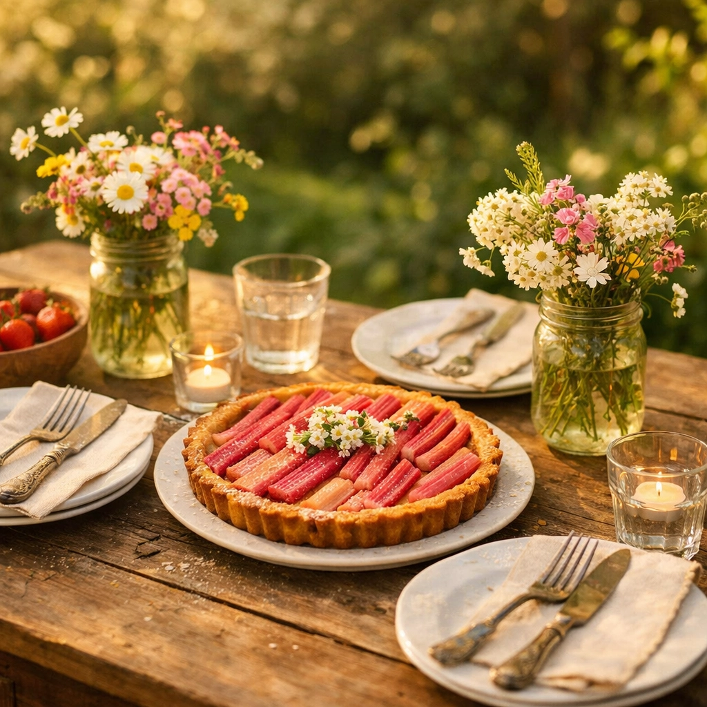 Outdoor spring garden party table setting with rhubarb dessert centerpiece